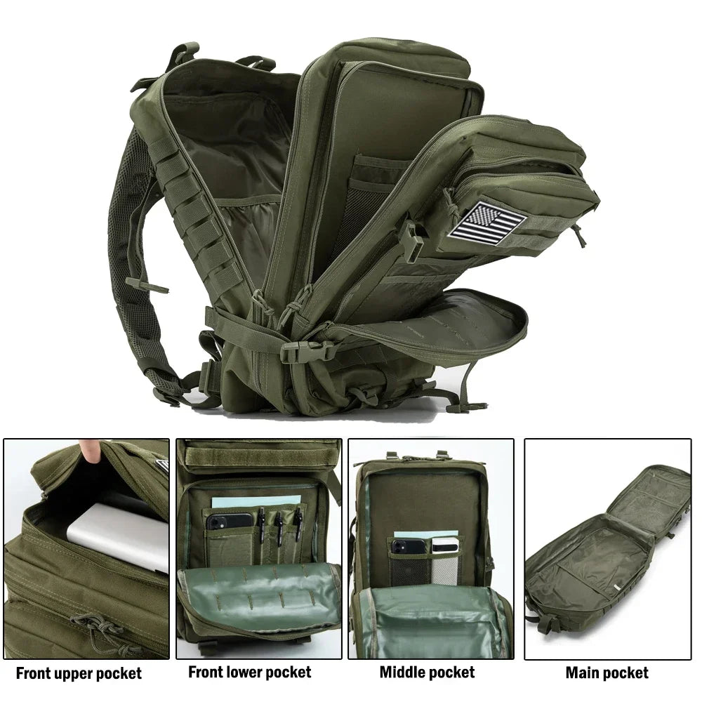 Army Green 45L outdoor backpack with front storage compartments open to show pockets and organization space.