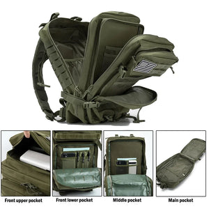Army Green 45L outdoor backpack with front storage compartments open to show pockets and organization space.