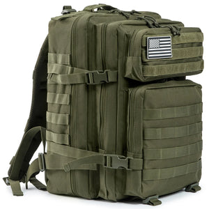 Army Green 45L outdoor backpack with MOLLE-style gear storage, front pockets, compression straps, and removable flag patch.