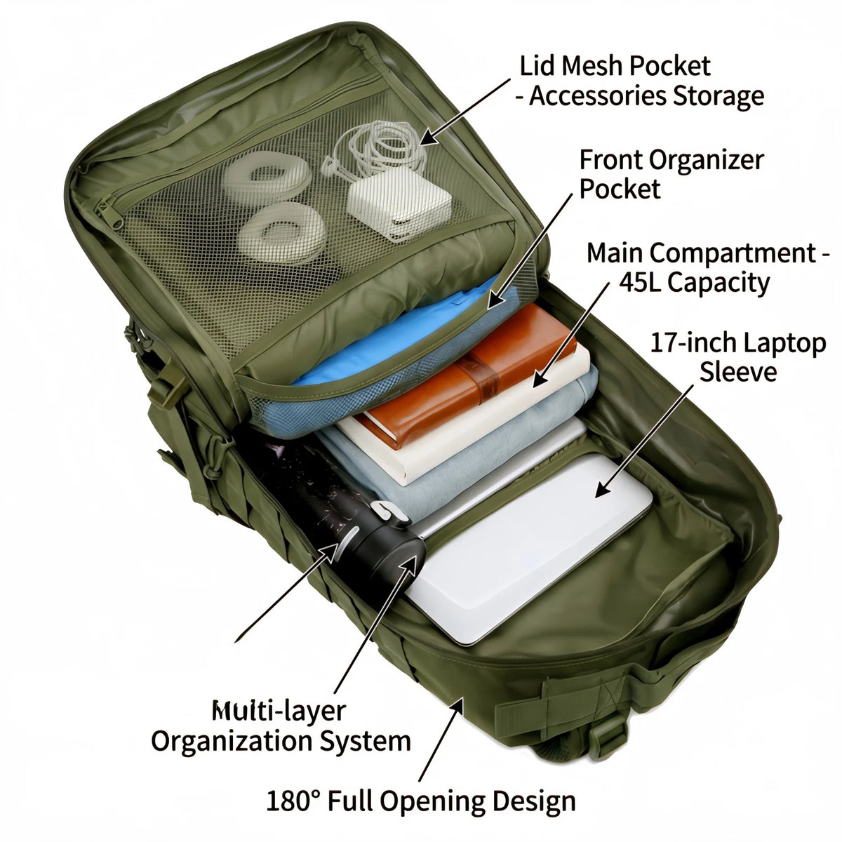 Open Army Green 45L outdoor backpack showing the main compartment, laptop divider, and organized interior storage.