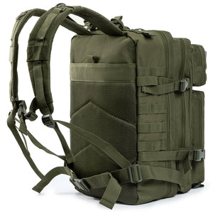 Rear view of the Army Green 45L outdoor backpack showing padded back support, shoulder straps, and stabilization straps.