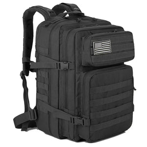 Black 45L outdoor backpack with MOLLE-style gear storage, front pockets, compression straps, and removable flag patch.