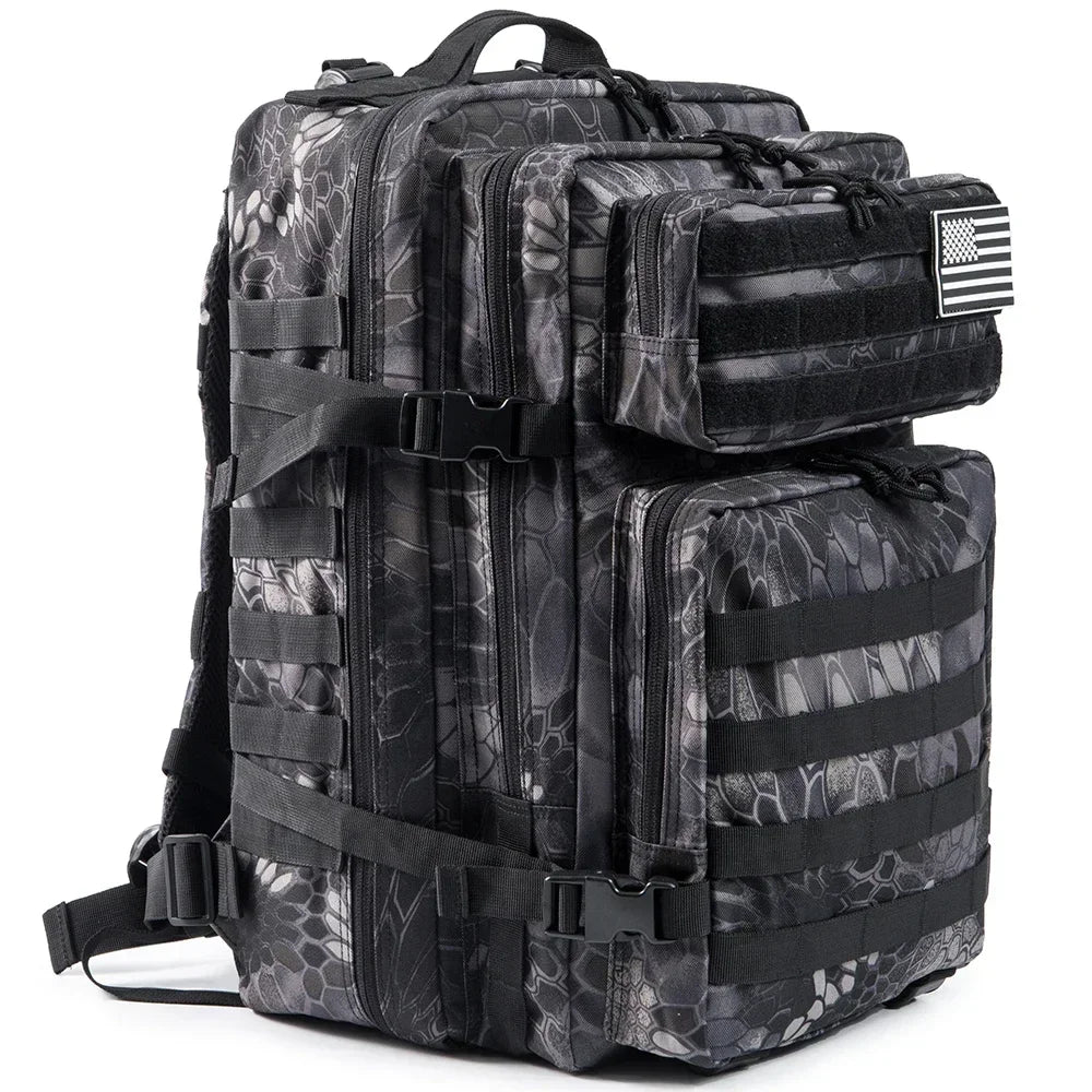 Black Python Camo 45L outdoor backpack with MOLLE-style gear storage, front pockets, compression straps, and removable flag patch.
