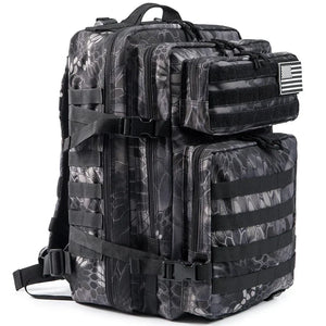 Black Python Camo 45L outdoor backpack with MOLLE-style gear storage, front pockets, compression straps, and removable flag patch.