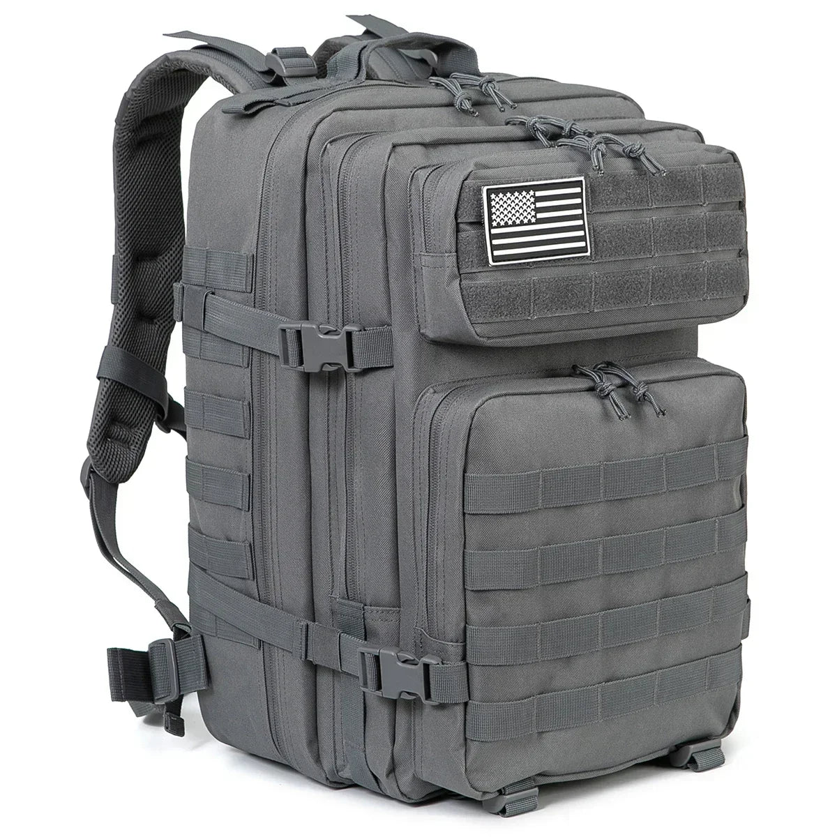Gray 45L outdoor backpack with MOLLE-style gear storage, front pockets, compression straps, and removable flag patch.