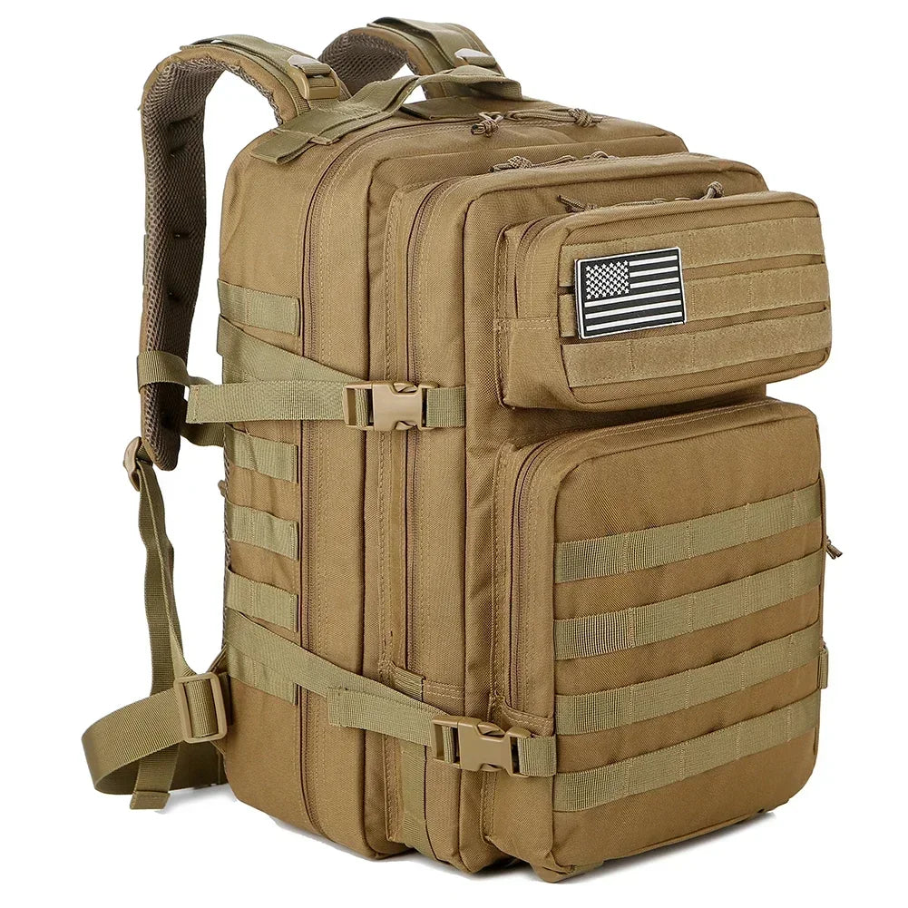 Khaki 45L outdoor backpack with MOLLE-style gear storage, front pockets, compression straps, and removable flag patch.