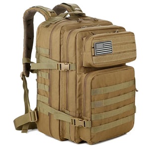 Khaki 45L outdoor backpack with MOLLE-style gear storage, front pockets, compression straps, and removable flag patch.