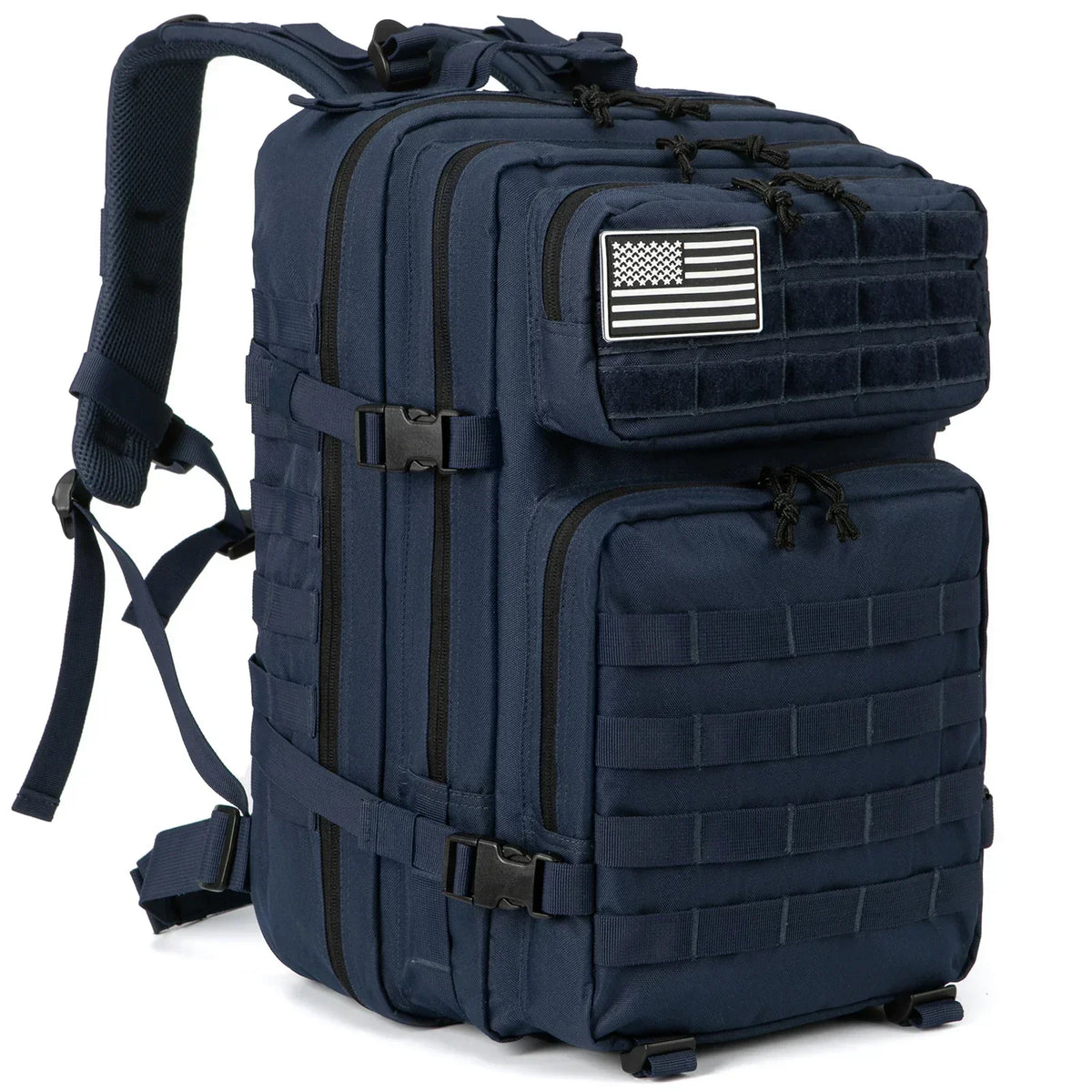 Navy 45L outdoor backpack with MOLLE-style gear storage, front pockets, compression straps, and removable flag patch.