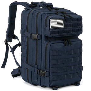 Navy 45L outdoor backpack with MOLLE-style gear storage, front pockets, compression straps, and removable flag patch.
