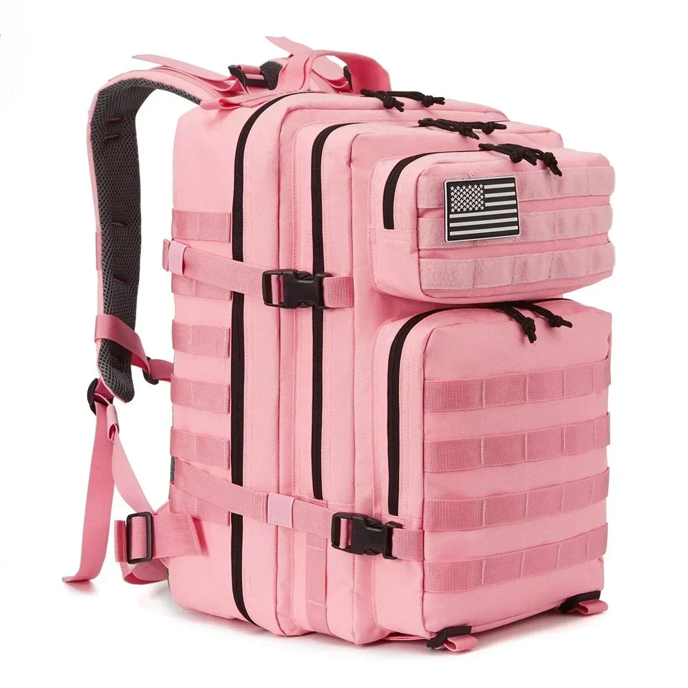 Pink 45L outdoor backpack with MOLLE-style gear storage, front pockets, compression straps, and removable flag patch.