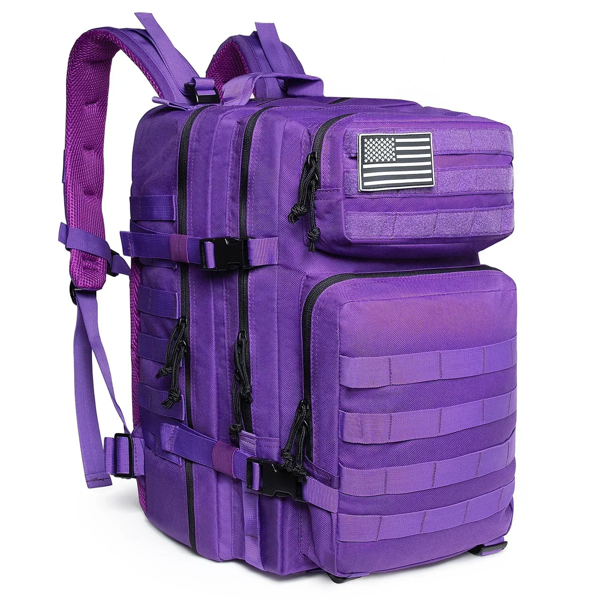 Purple 45L outdoor backpack with MOLLE-style gear storage, front pockets, compression straps, and removable flag patch.