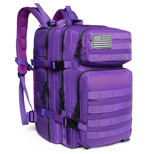 Purple 45L outdoor backpack with MOLLE-style gear storage, front pockets, compression straps, and removable flag patch.