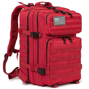 Red 45L outdoor backpack with MOLLE-style gear storage, front pockets, compression straps, and removable flag patch.