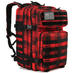Red Plaid 45L outdoor backpack with MOLLE-style gear storage, front pockets, compression straps, and removable flag patch.