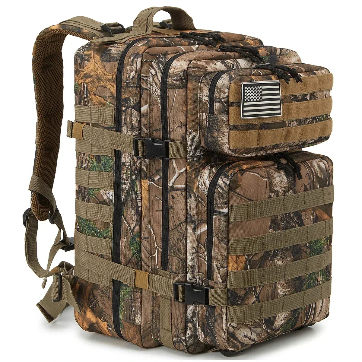 Tree Camo 45L outdoor backpack with MOLLE-style gear storage, front pockets, compression straps, and removable flag patch.