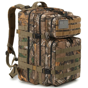 Tree Camo 45L outdoor backpack with MOLLE-style gear storage, front pockets, compression straps, and removable flag patch.