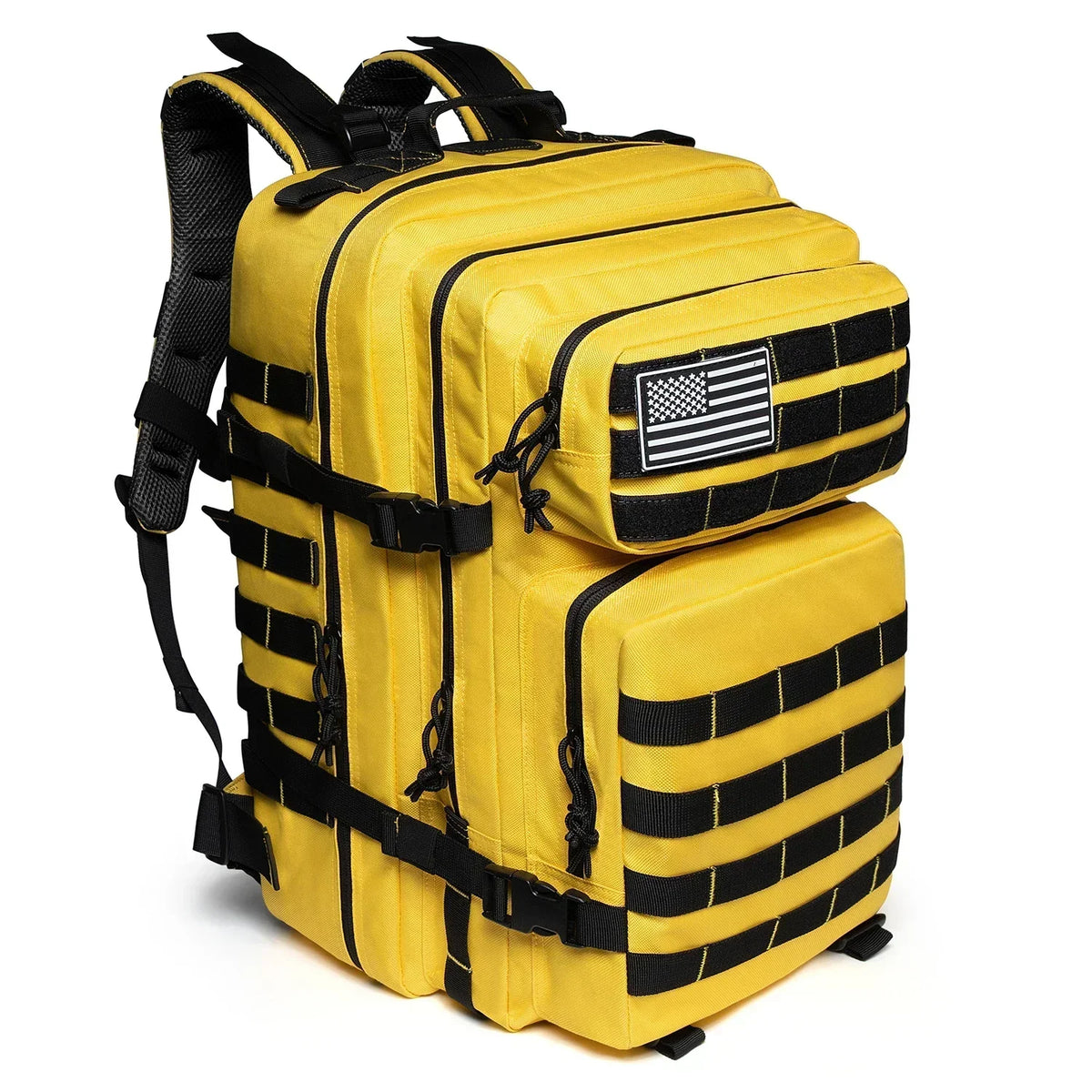 Yellow 45L outdoor backpack with MOLLE-style gear storage, front pockets, compression straps, and removable flag patch.