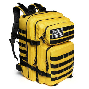 Yellow 45L outdoor backpack with MOLLE-style gear storage, front pockets, compression straps, and removable flag patch.