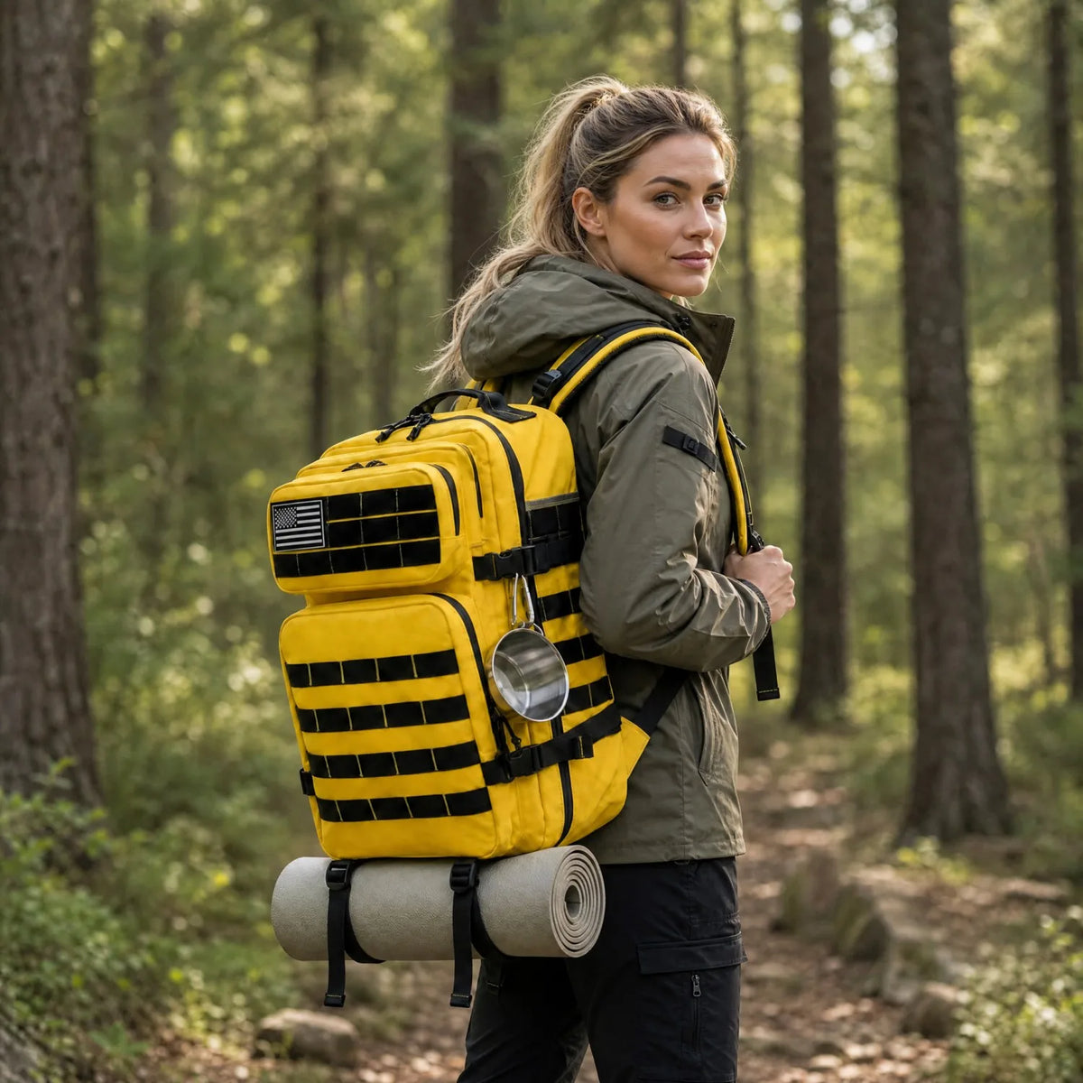 Woman wearing the Yellow 45L outdoor backpack with MOLLE-style gear storage on a wooded trail.