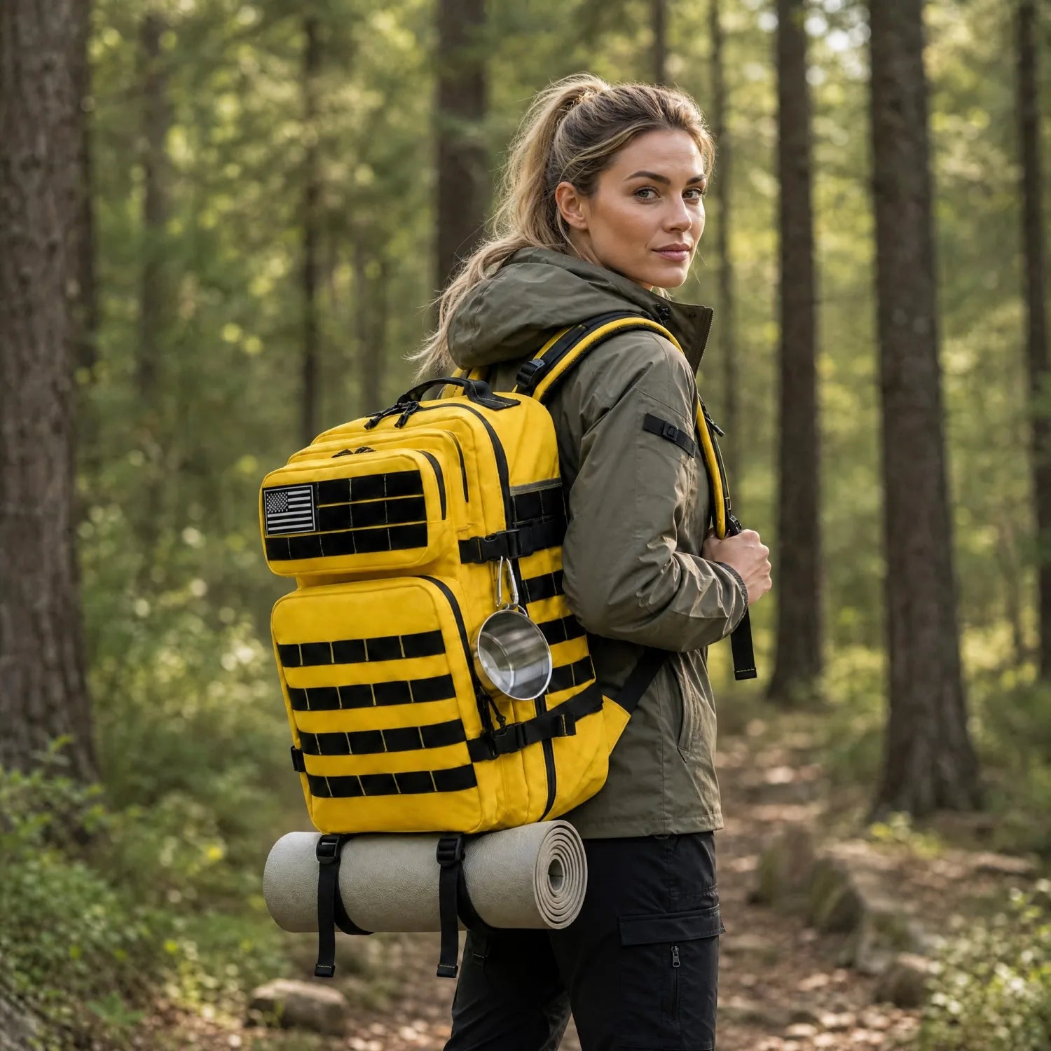 Woman wearing the Yellow 45L outdoor backpack with MOLLE-style gear storage on a wooded trail.