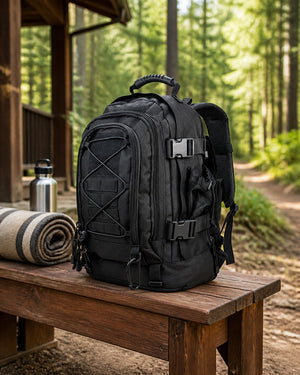 Black 60-liter expandable outdoor backpack with MOLLE-style storage on a cedar bench beside a forest trail.