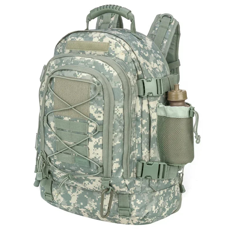 ACU Camo 65L expandable outdoor backpack with MOLLE-style storage, compression straps, and front pockets.