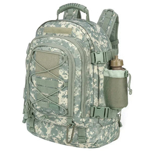 ACU Camo 65L expandable outdoor backpack with MOLLE-style storage, compression straps, and front pockets.