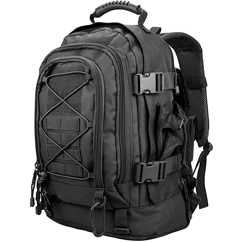 Black 65L expandable outdoor backpack with MOLLE-style storage, compression straps, and front pockets.