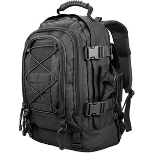 Black 65L expandable outdoor backpack with MOLLE-style storage, compression straps, and front pockets.