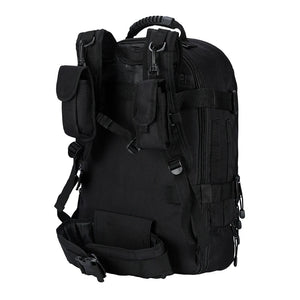 Black 65L expandable outdoor backpack rear view with padded straps and adjustable waist belt.