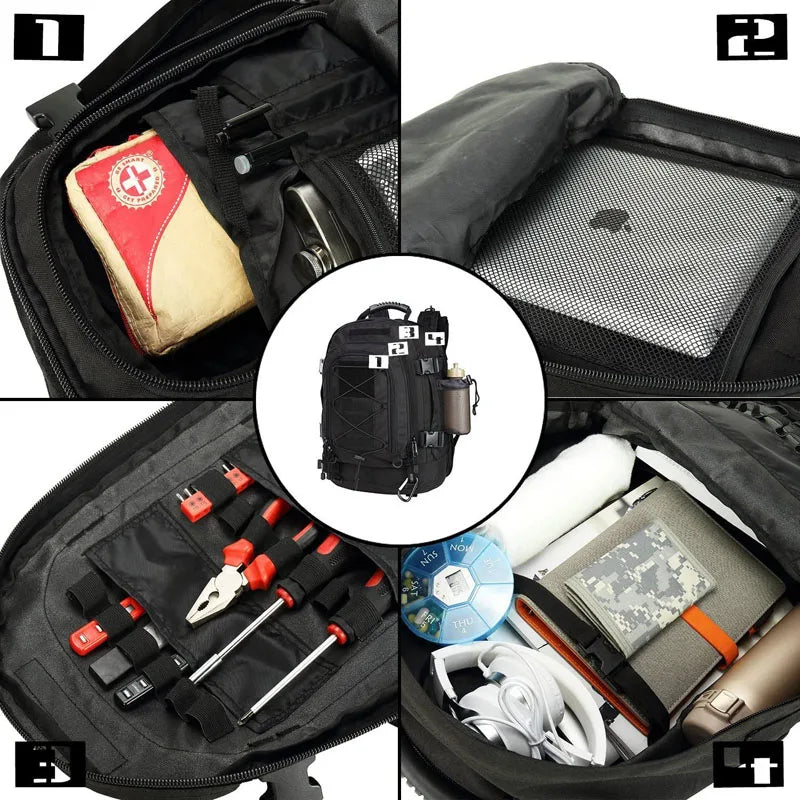 65L expandable outdoor backpack interior storage layout with mesh pockets, gear loops, and organized compartments.