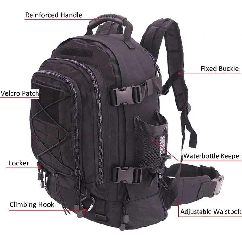 65L expandable outdoor backpack side feature diagram showing reinforced handle, fixed buckles, bottle pocket, and waist belt.