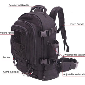 65L expandable outdoor backpack side feature diagram showing reinforced handle, fixed buckles, bottle pocket, and waist belt.