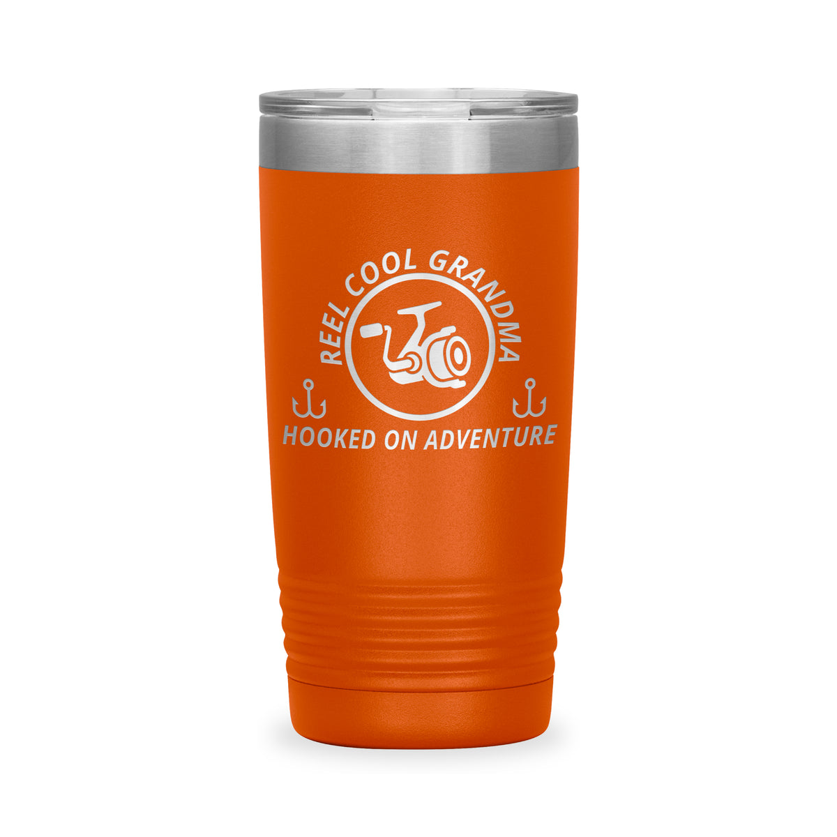 Reel Cool Grandma - Polar Camel 20oz engraved tumbler, front view, Orange
