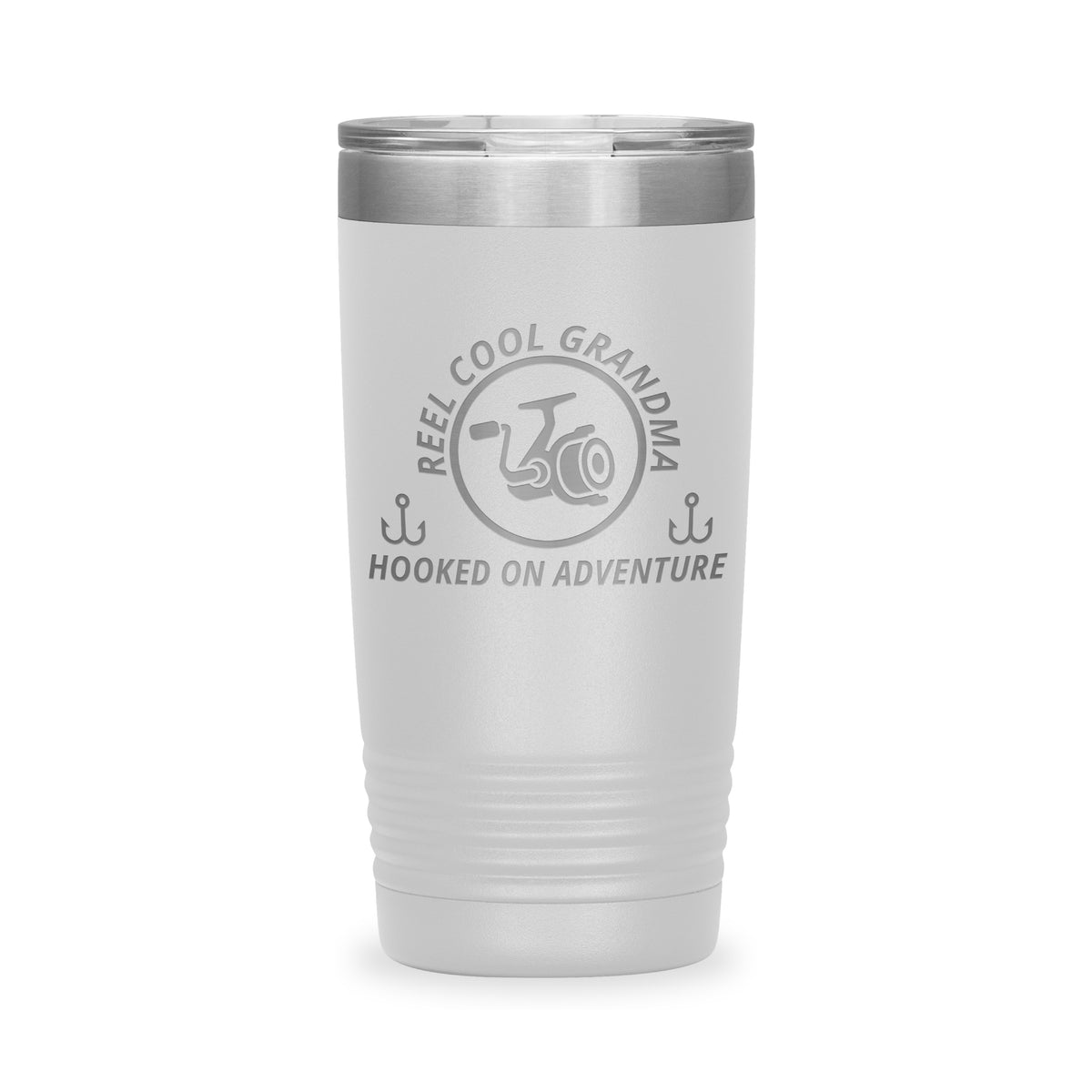 Reel Cool Grandma - Polar Camel 20oz engraved tumbler, front view, White