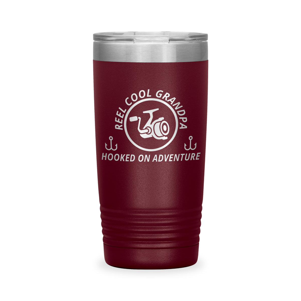 Reel Cool Grandpa - Polar Camel 20oz engraved tumbler, front view, Maroon