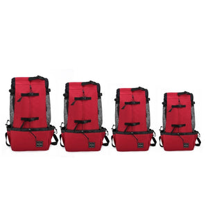 Adventure pet backpack sizing lineup – four red packs from small to XL
