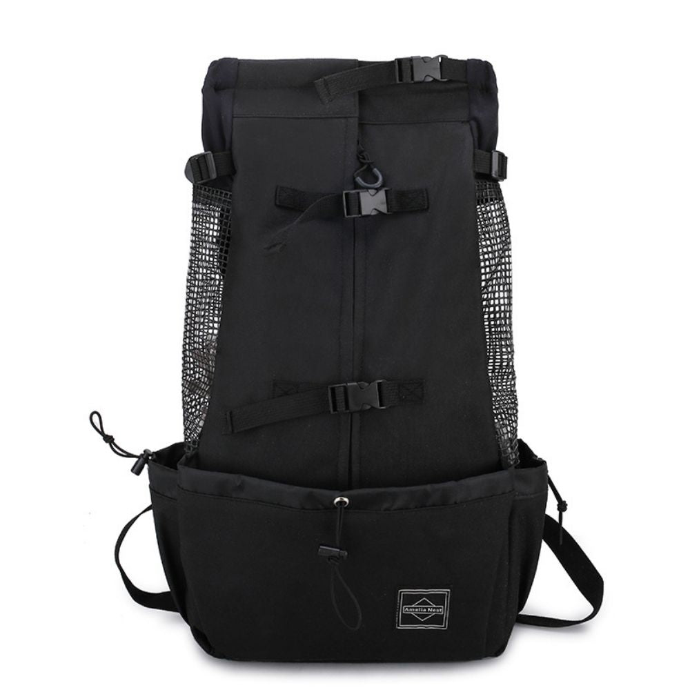 Black adventure pet carrier backpack – front view with mesh side panels