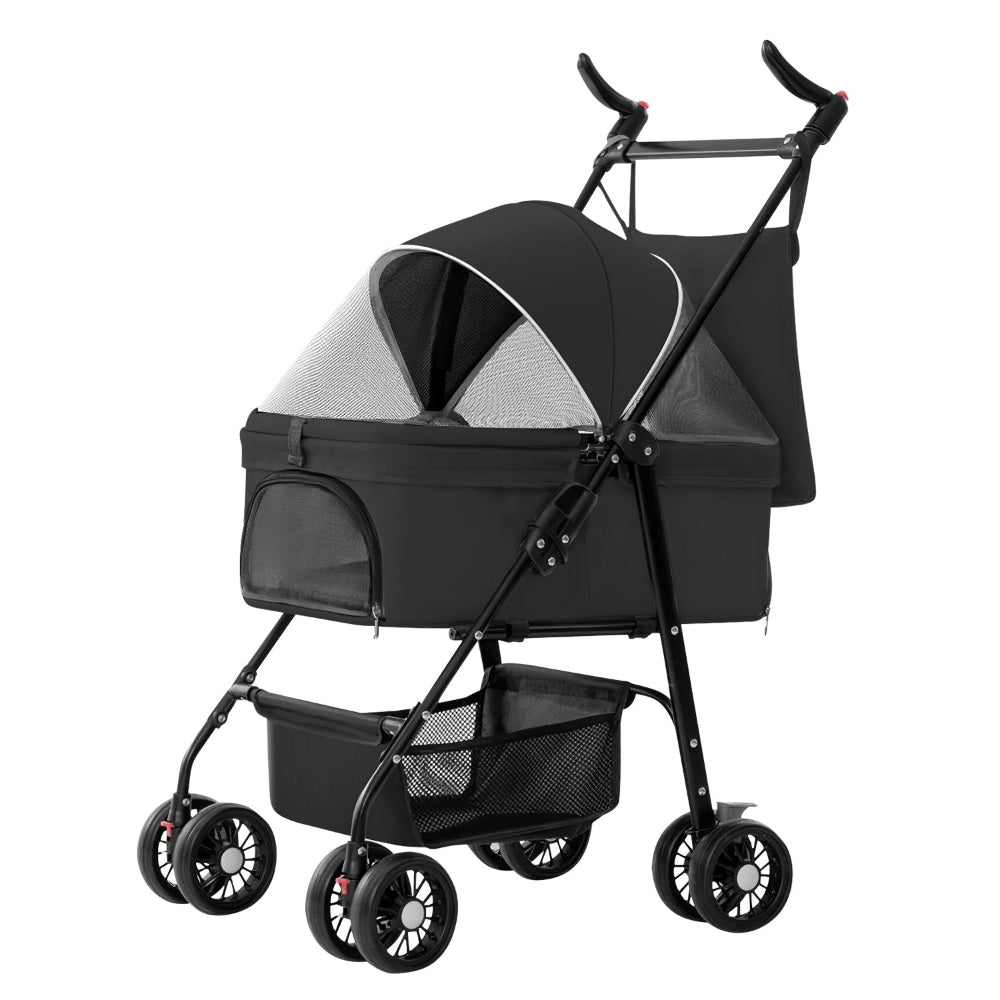black 4-wheel pet stroller with detachable carrier, mesh windows, and under-basket storage on a white background – AGG Gear