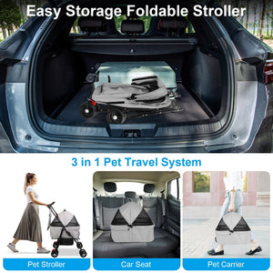 gray 4-wheel pet stroller folded flat in a car trunk and shown as stroller, car seat, and handheld pet carrier – 3-in-1 pet travel system