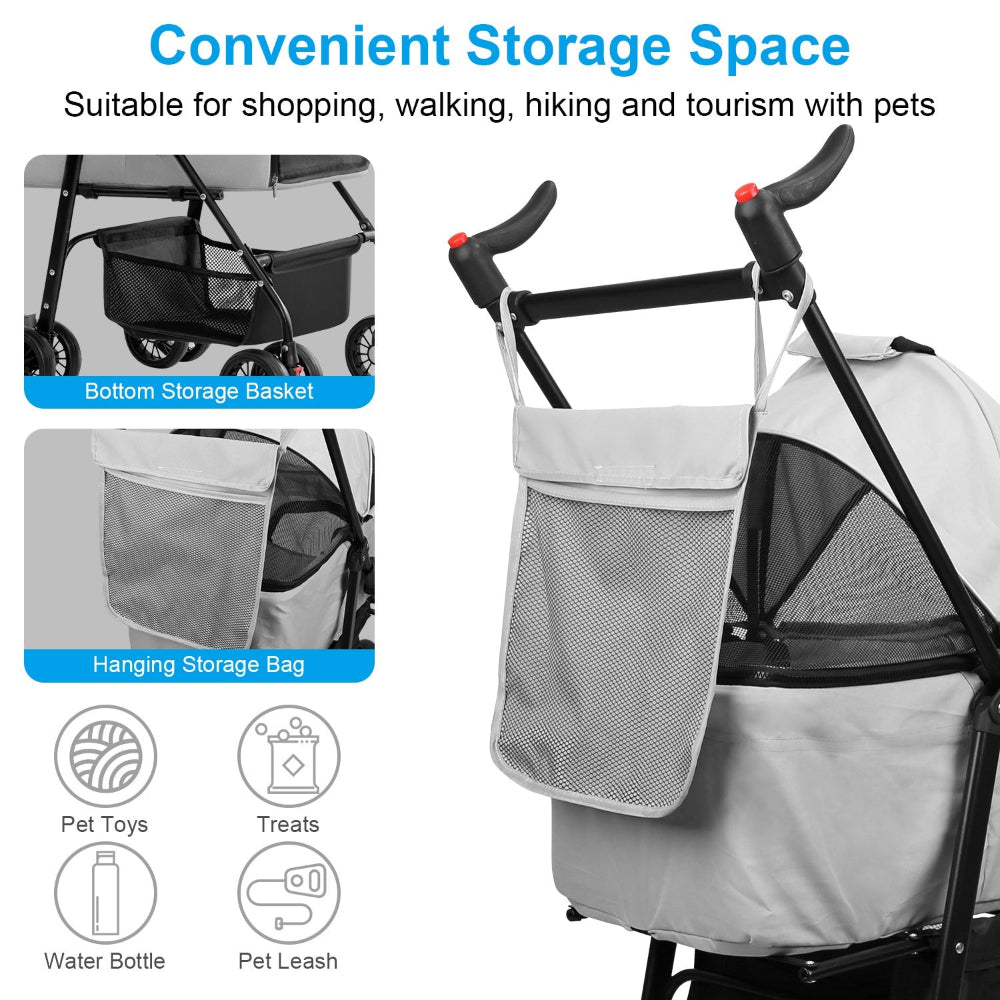 close-up of gray pet stroller showing bottom storage basket and hanging mesh bag for toys, treats, water bottle, and leash