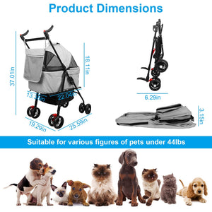 diagram of pet stroller with height and length measurements, folded dimensions, and a row of small dogs and cats under 44 pounds
