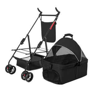 black pet stroller frame with mesh storage basket next to detachable black pet carrier with dome mesh canopy