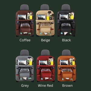 Road Trip Seat Back Organizer – backseat tray and storage with tablet holder and drink pockets in six colors: coffee, beige, black, grey, wine red, and yellow.