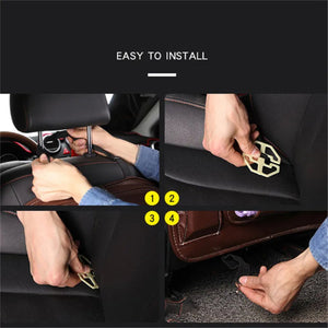 Four-step installation diagram showing how to strap the seat-back organizer to a front seat