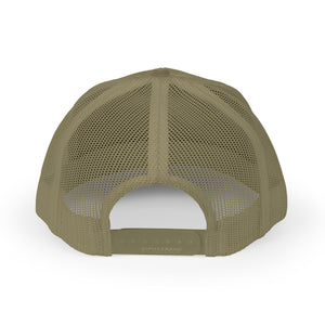 Reel Cool Sister embroidered trucker cap, back view showing snapback closure, loden