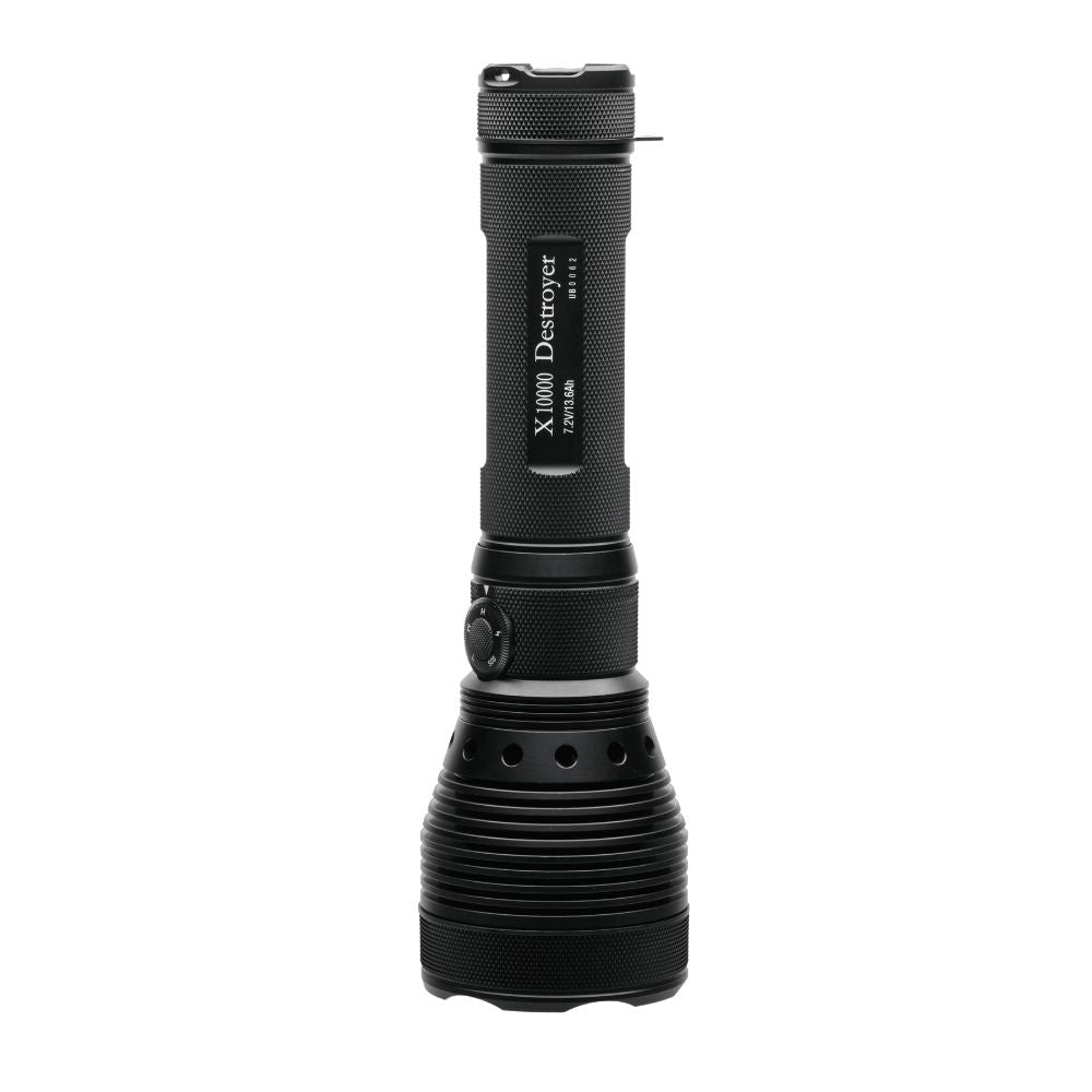 Powertac X10000 Destroyer long-range flashlight standing upright on white background