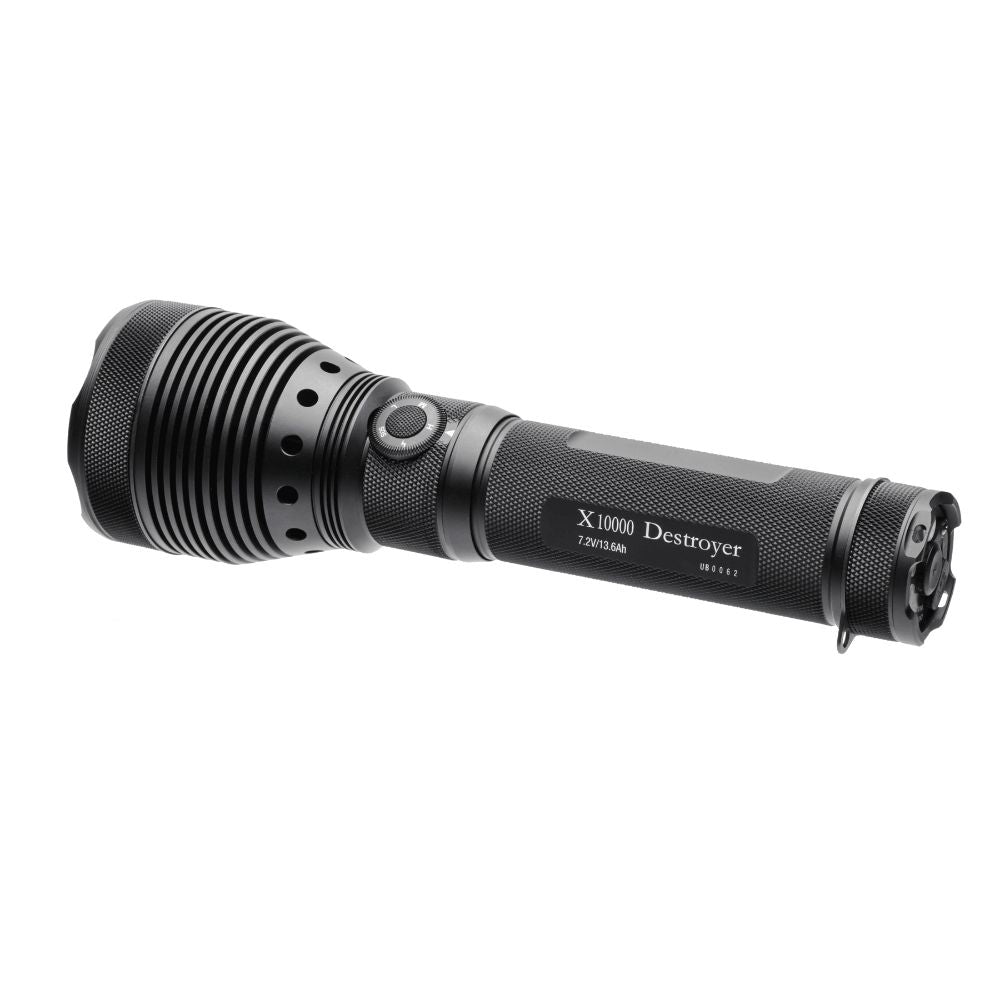 Powertac X10000 Destroyer flashlight angled view showing large finned head and textured grip