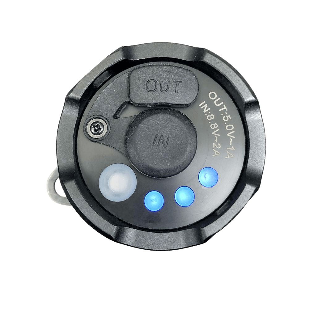 X10000 Destroyer flashlight tailcap with blue battery indicator LEDs and covered IN and OUT charging ports