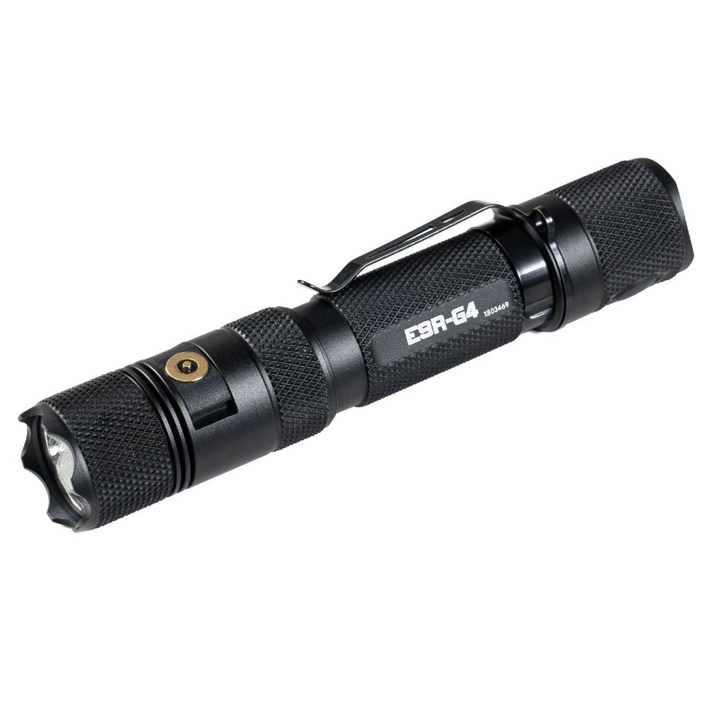 Powertac E9R G4 tactical flashlight side view on white background